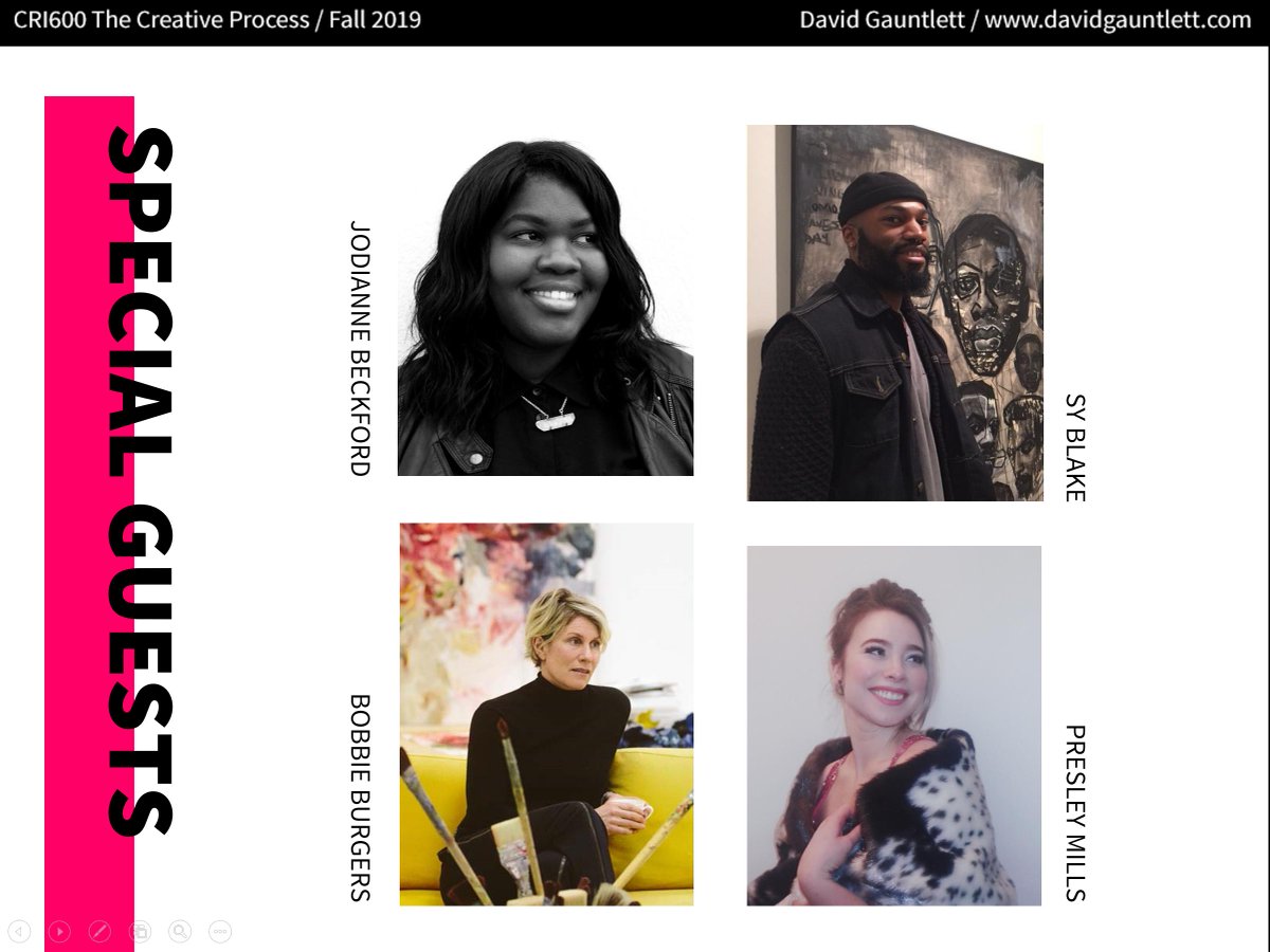 davidgauntlett's tweet photo. Very excited about the amazing special guests on my new course #CRI600 'The Creative Process', including Jodianne Beckford (@igobyjo) and Sy Blake (@SyBlake1) yayyyy! https://t.co/sA56gJ6RkV