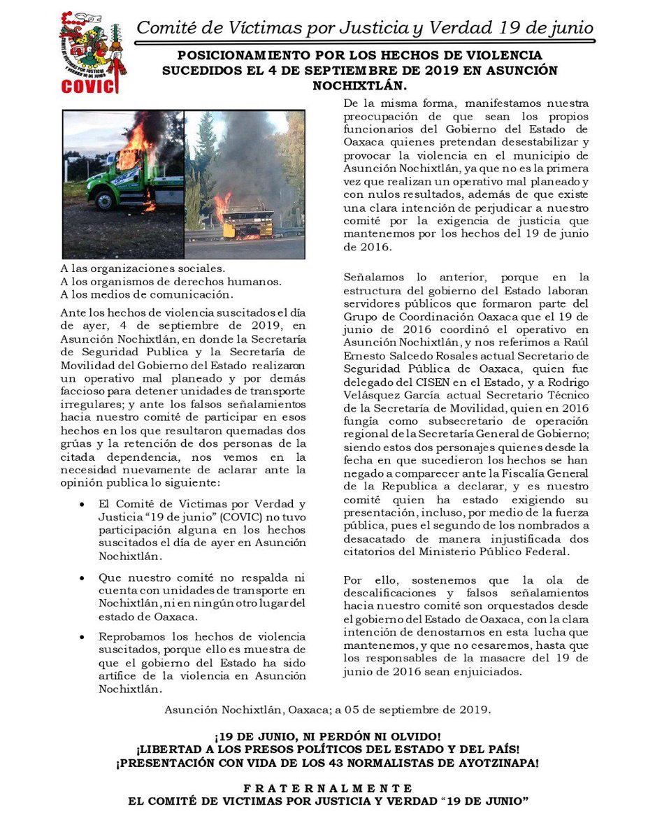 ExpressionOax's tweet photo. Comunicado del #COVIC sobre hechos sucedidos en Nochixltlán el día de ayer 4 de septiembre de 2019. https://t.co/LpBNOoA5wN