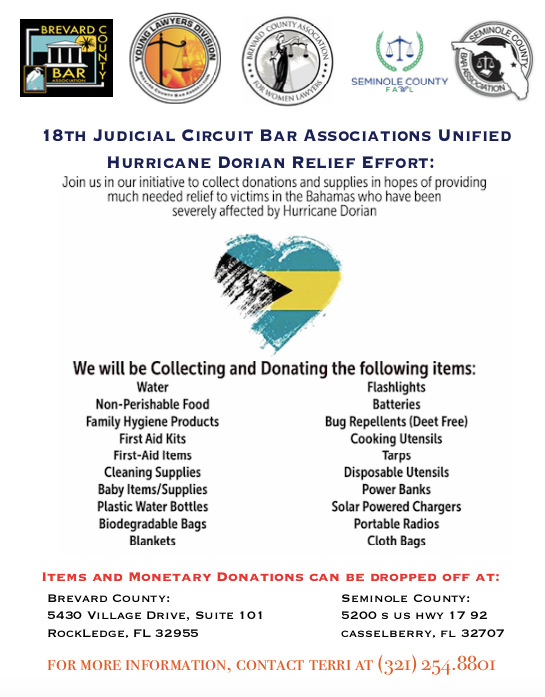 FlaBarYLD's tweet photo. Shoutout to Brevard County Bar Association YLD President @KimTrader and the 18th Judicial Circuit for coming together to provide relief for Hurricane Dorian victims in the Bahamas. https://t.co/btu6sfZako