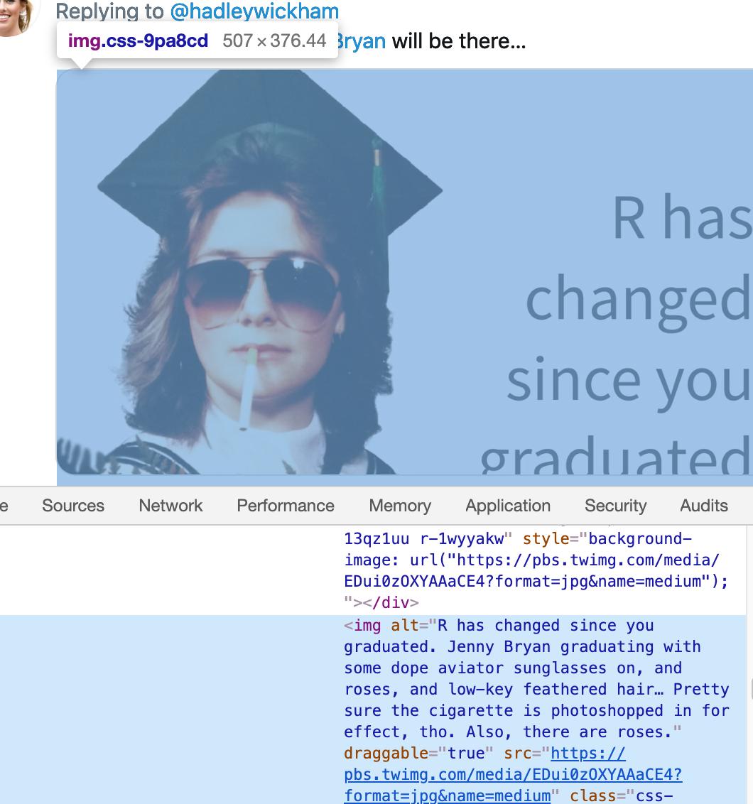 Getting meta: a picture of the picture in this tweet https://twitter.com/dataandme/status/1169707591594840070 that also shows its alt-text being viewed in Chrome's object inspector.