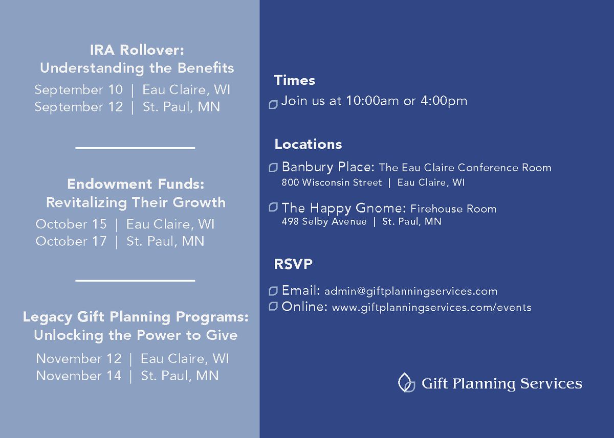 GiftPlanningLLC's tweet photo. You're Invited!  Come join us in exploring A Path To Generosity, a 3-part Educational Workshop this fall!

RSVP on our website: https://t.co/z5aUXMThLw or at admin@giftplanningservices.com https://t.co/9UK89LyhOR