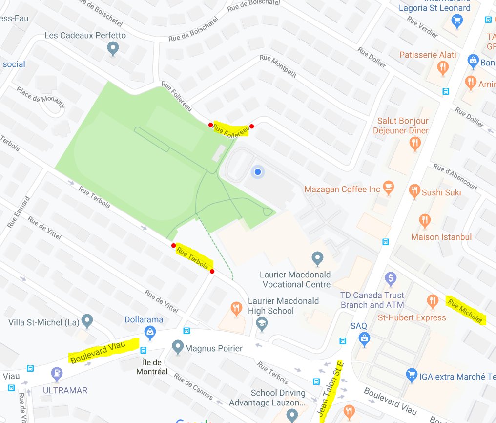 DROP OFF &amp; PICK-UP of students.please use RUE FOLLEREAU or RUE TERBOIS(indicated with red dots)in the mornings and after school.Avoid driving through the parking lot on Michelet in order to avoid accidents with kids walking through the parking lot.Thank you for your cooperation.