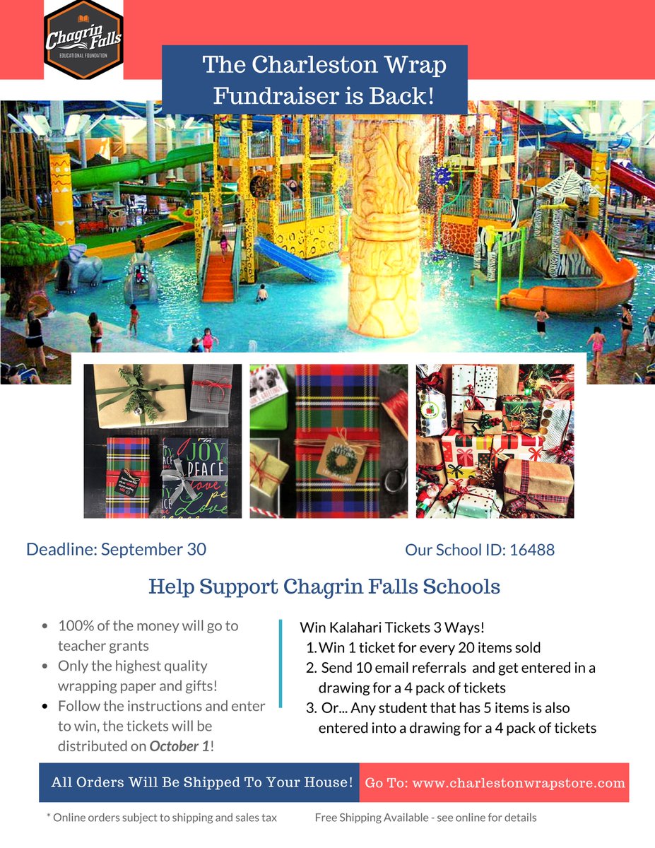 The Charleston Wrapping Paper fundraiser is well underway and ends 9/30, so get your orders in at: charlestonwrapstore.com/studentregistr…
Tickets for Kalahari will be awarded on October 1! The proceeds go to teacher grants for all the schools!