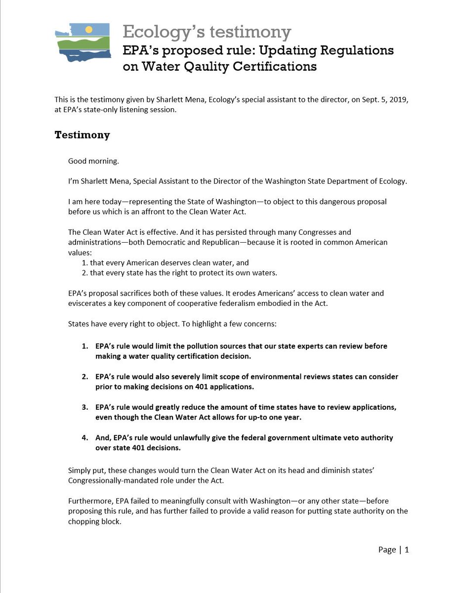 Page 1 of Ecology's testimony to EPA.