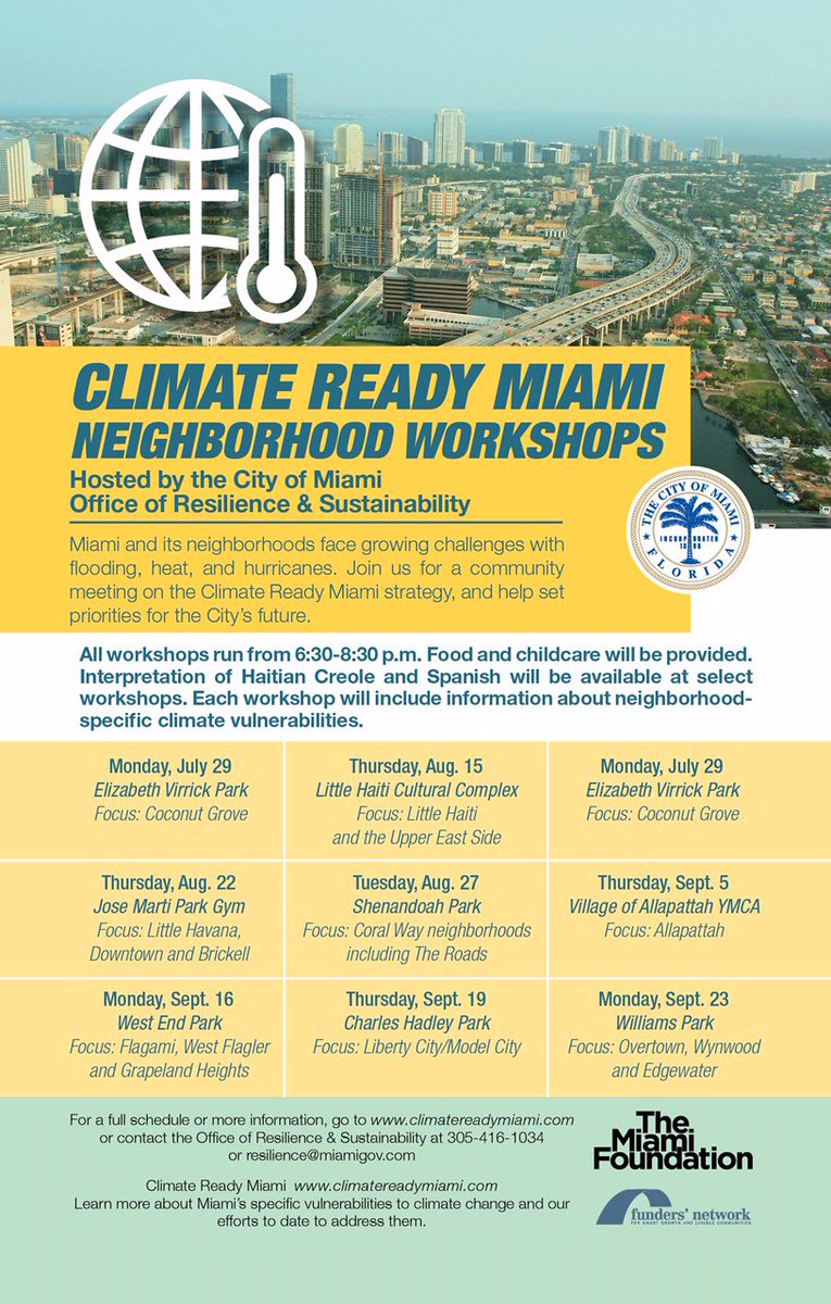 RadicalPartners's tweet photo. Final #ClimateReadyMiami workshop is tonight! 6:30PM at Williams Park, join @CityofMiami for a community discussion of #climatechange vulnerabilities facing Overtown, Wynwood & Edgewater. Together, #Miami can build a strategy for #resilience! Info: https://t.co/IRl2TiFhS6 https://t.co/gNSPVy5RxH