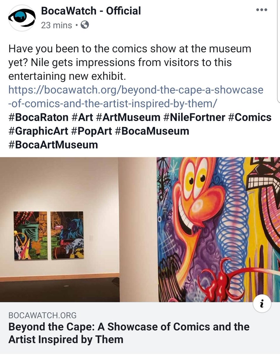 Nile_Fortner's tweet photo. Comic culture comes to #Boca! 👀 over at #BocaWatch for my #article on the #BocaRaton #Museum of #Art #exhibit #BeyondtheCape! These #artists are inspired by #comicbooks to bring awareness to today's troubling themes. #ThursdayMotivation #Love

#Link ⬇️
https://t.co/flpubk9Okm https://t.co/WC7twIkDjq