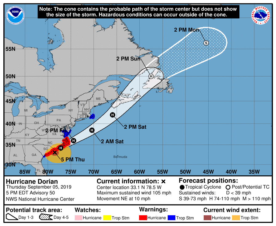 BonnieWeather's tweet photo. #HurricaneDorian : #CategoryTwo max. sust winds: 105 mph. #Dorian is located about 45 miles SSE of #MyrtleBeach, #SouthCarolina, moving: NE 10 mph...
#NewEngland: #TropicalStorm Warn.#WoodsHole to #SagamoreBeach, #Massachusetts+ #MarthasVineyard & #Nantucket . https://t.co/vrP8RTp0Mw