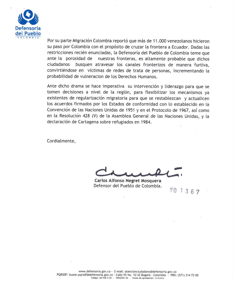 Defensoria Del Pueblo Pa Twitter Carta De Carlos Negret Defensor Del Pueblo De Colombia Y Presidente De Ganhri A Mbachelet Alta Comisionada De La Onu Para Los Derechos Humanos Https T Co X4x5uz5ejj