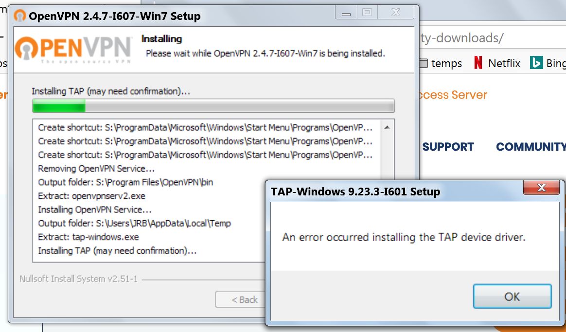 Bot_tin's tweet photo. @OpenVPN error reported win7 pro 64 insyalling tap driver !. Also where do i find "configuration file and key/certificate files." that i'm suppose to find and save ?? https://t.co/Pf8ZHhVvD6
