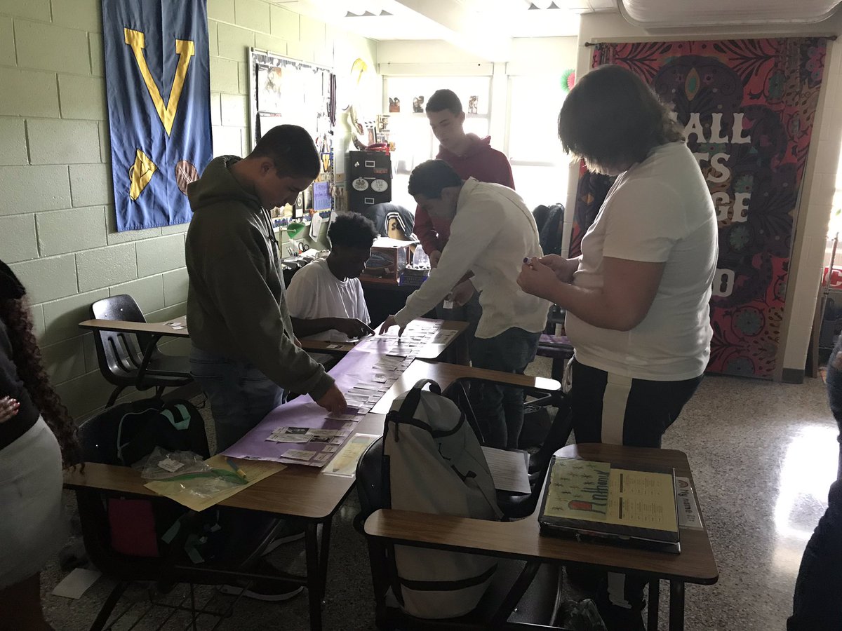 AJohnson_VHS's tweet photo. My Ss were communicating, collaborating, and thinking critically today while trying to beat the timer to create the most accurate VA&US History timeline w/the information provided. Ss in photo 2 were first to finish! #THISisVarina #HLP #CrossingtheLineofAverage https://t.co/hZYK6aCctQ