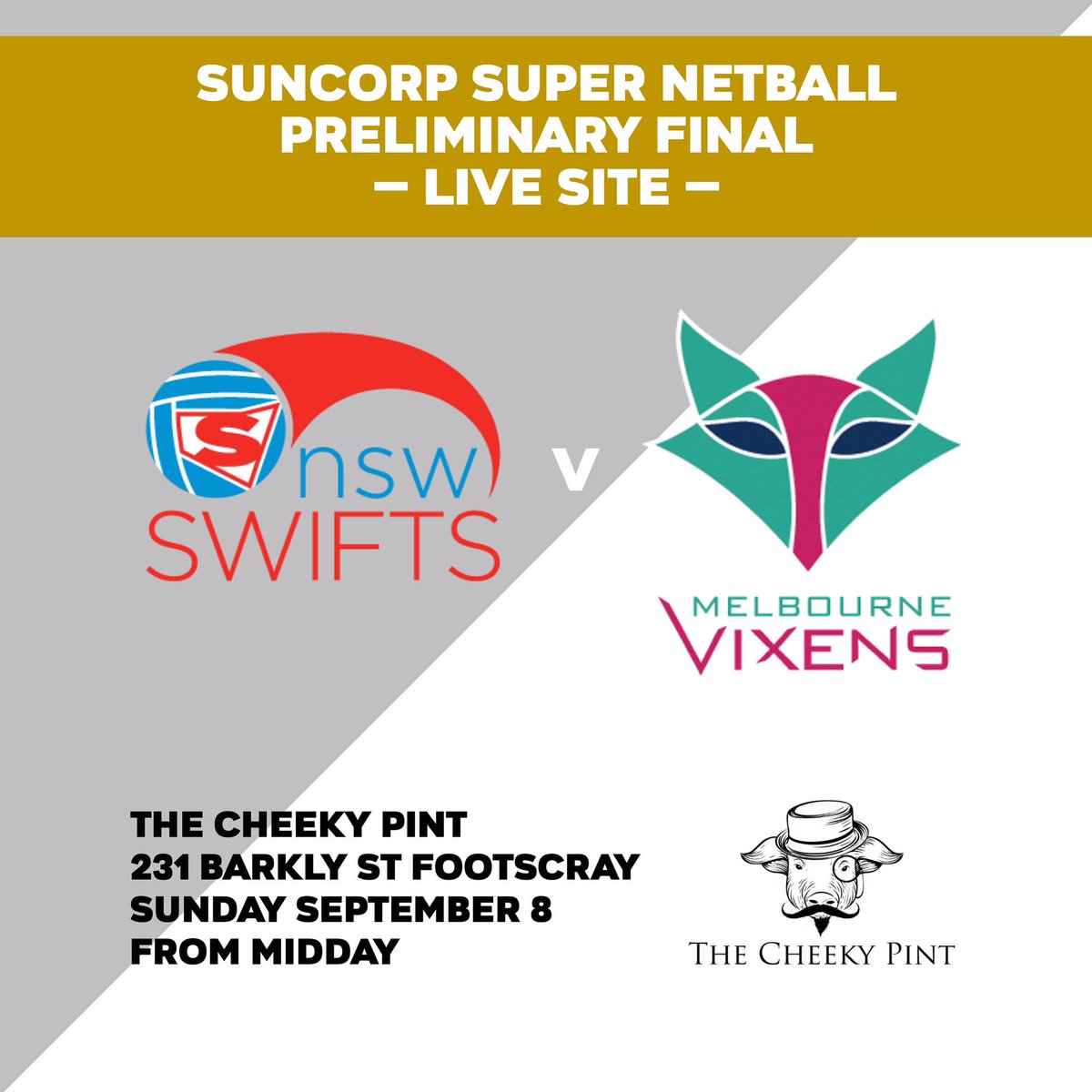 SueGaudion's tweet photo. HELLO VICTORIANS! 
Looking for somewhere to watch @SuperNetball Preliminary Final this weekend? The Cheeky Pint in Footscray will welcome you with open arms!

2019 SSN PRELIMINARY FINAL
NSW Swifts v Melbourne Vixens
From the Quay Centre, Sydney
LIVE on Channel 9 from 1pm https://t.co/dWPBVzKRQR