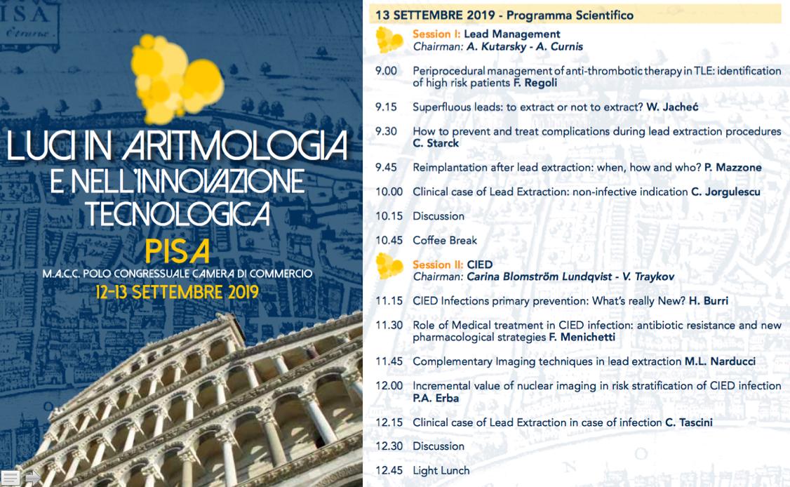 DeLucia_R's tweet photo. Pisa Congress on "Lights on Arrhythmology and Technological Innovation".
September 12-13th 2019
Don't miss it!
#Arrhythmology
#Transvenousleadextraction
#CIEDinfection https://t.co/PdoFg6wOlh