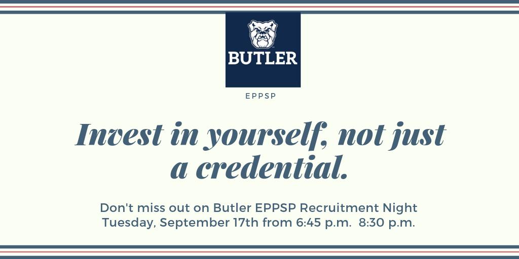 DenverTWade's tweet photo. Education is one of the most important resources we have. Our vocation needs great leaders who will advocate for the continued growth and learning of our children. Come check out Butler U's EPPSP recruitment night on 9/17! @ButlerEPPSP #EPPSP https://t.co/7pSt4XLDqA