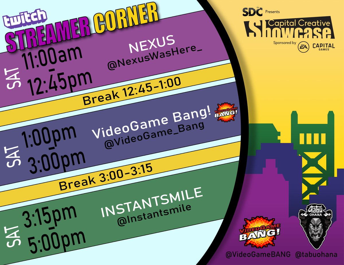 sacgamedevs's tweet photo. This Saturday, check out the twitch streamers live streaming the games at CCS. Check them out on @twitch #streamers #capitalcreativeshowcase #sacdevcollective
@nexuswashere
https://t.co/p6TT4UNhr1
@VideoGameBANG
https://t.co/BTLW4Mc1vw
@Smileinstantly
https://t.co/X8mg7LgdPo https://t.co/vNf4IgVsJ1