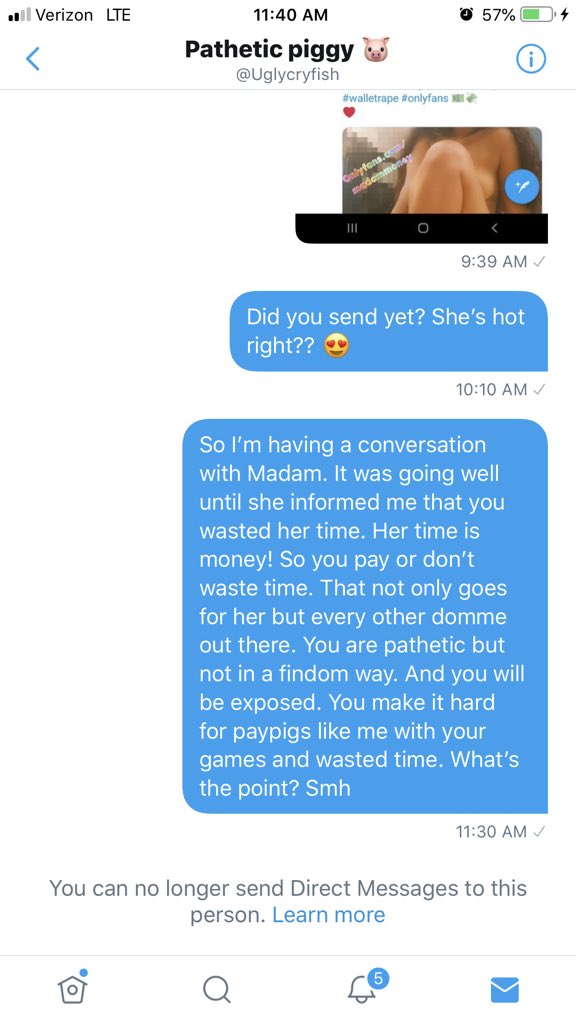 FinPigSub's tweet photo. @jb15154478 Dude he’s a HUGE time waster. He’ll waste any and everybody’s time (Dommes &amp; subs). I brought him to my Madam after he DM’ed me in search of a Goddess. My Madam informed me that he was bullshitting. After I got in his ass he blocked me smh 🤦‍♂️ https://t.co/7b5ThPKC3K