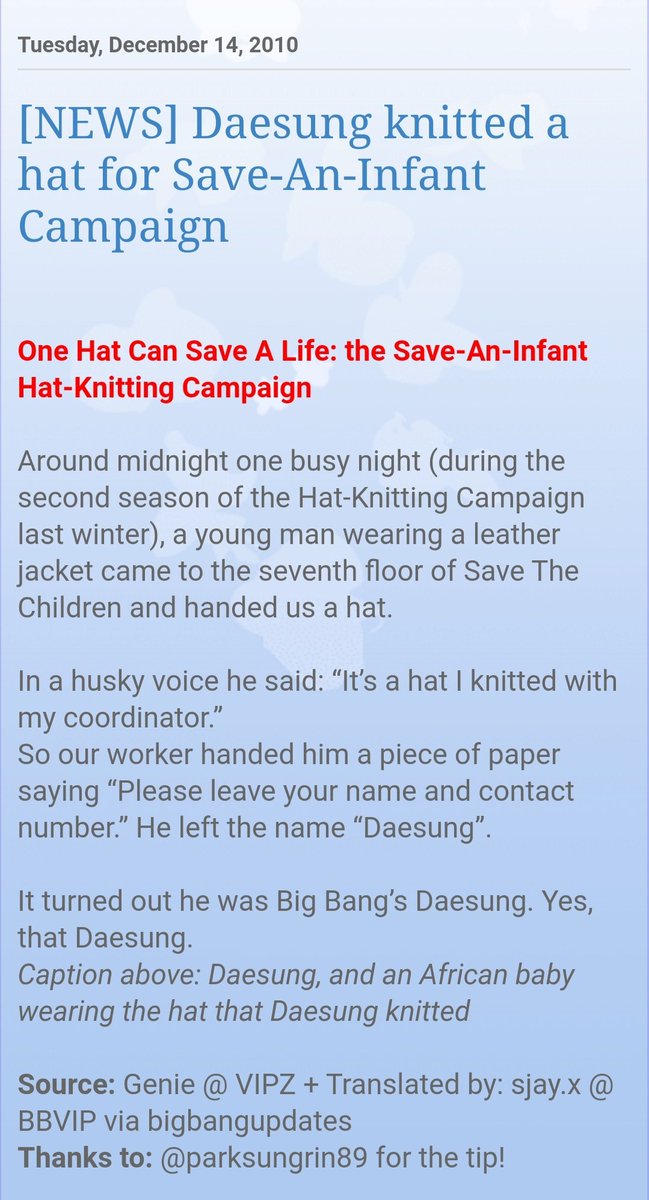 Daesung knitted a hat and personally handed it to the Hat-Knitting Campaign. http://happybigbang.blogspot.com/2010/12/news-daesung-knitted-hat-for-save.html?m=1