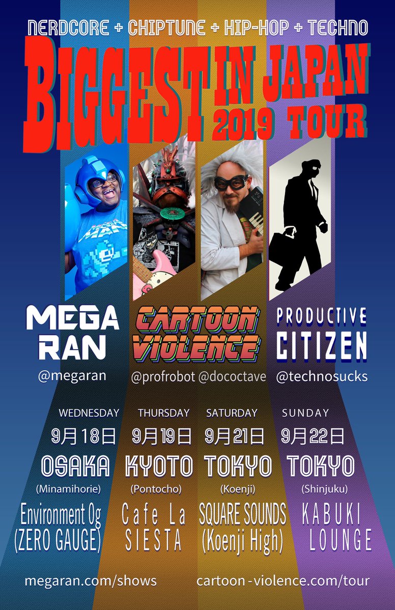 technosucks's tweet photo. Hey folks! I am touring with @MegaRan and @CartoonViolins in Japan! The Osaka show will be my first live music performance in over three years...
#ArmyofTechno https://t.co/CmFYgh60ng
