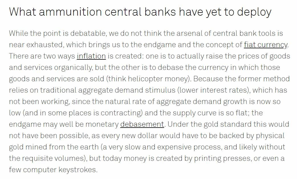 "The monetary policy endgame" by some guy at Blackrock https://www.blackrockblog.com/2019/09/05/monetary-policy-endgame/He's mostly full of shit (as Upton Sinclair might say) - but here's the money quote, which I agree with:"Today money is created by printing presses, or even a few computer keystrokes."