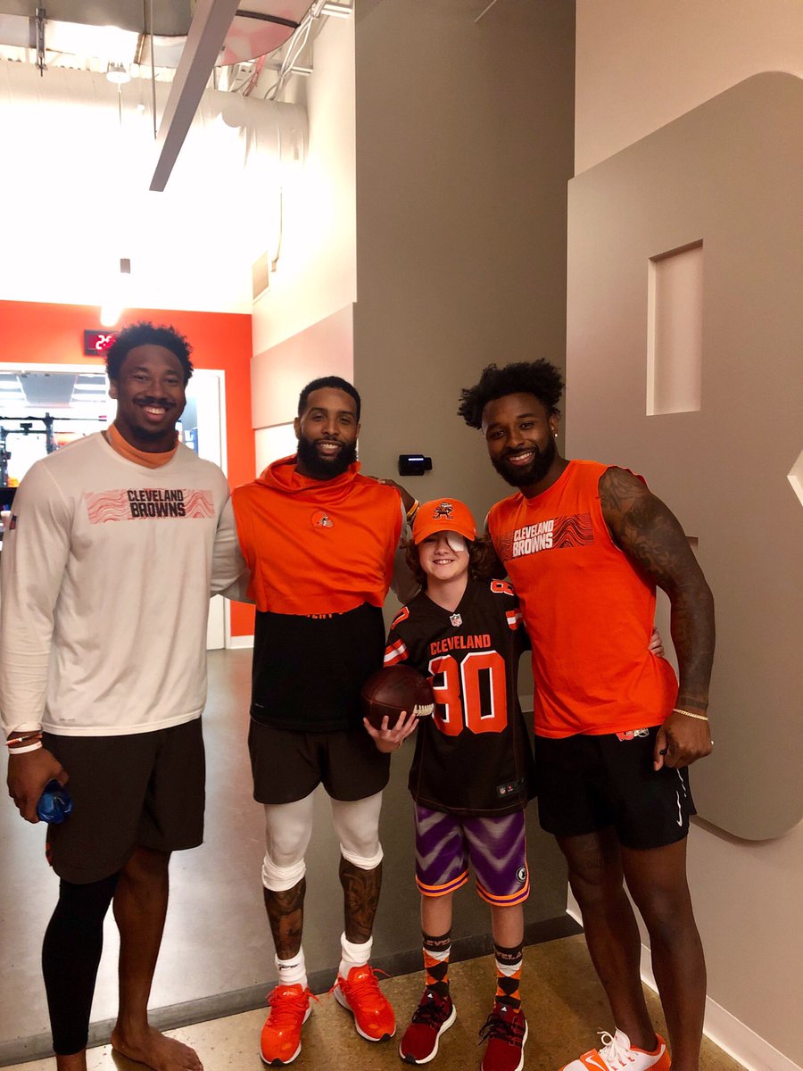 BrownsGiveBack's tweet photo. @God_Son80 caught wind of Fletcher’s story and together the @Browns made his day extra special! 🧡 #give10 #FletcherStrong https://t.co/NYR0E6fI12