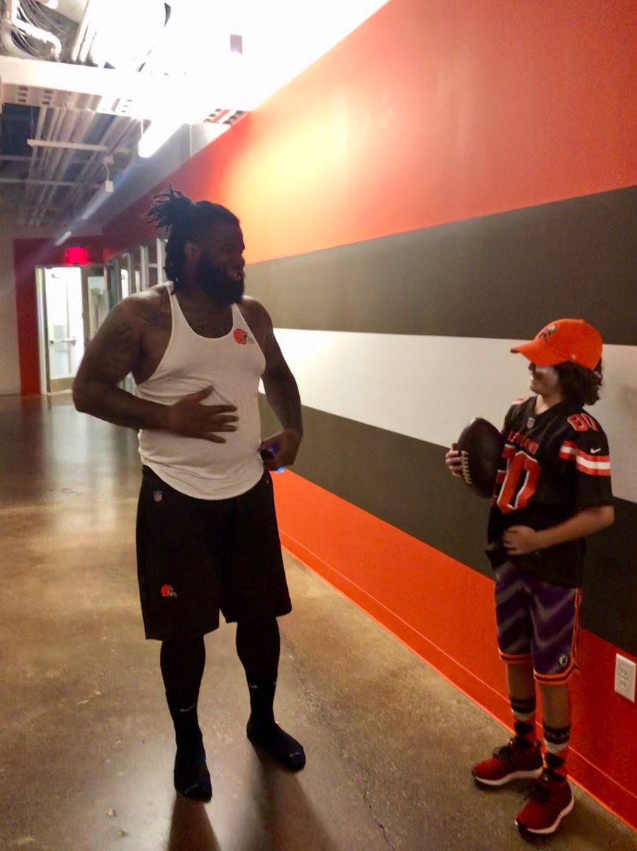BrownsGiveBack's tweet photo. @God_Son80 caught wind of Fletcher’s story and together the @Browns made his day extra special! 🧡 #give10 #FletcherStrong https://t.co/NYR0E6fI12