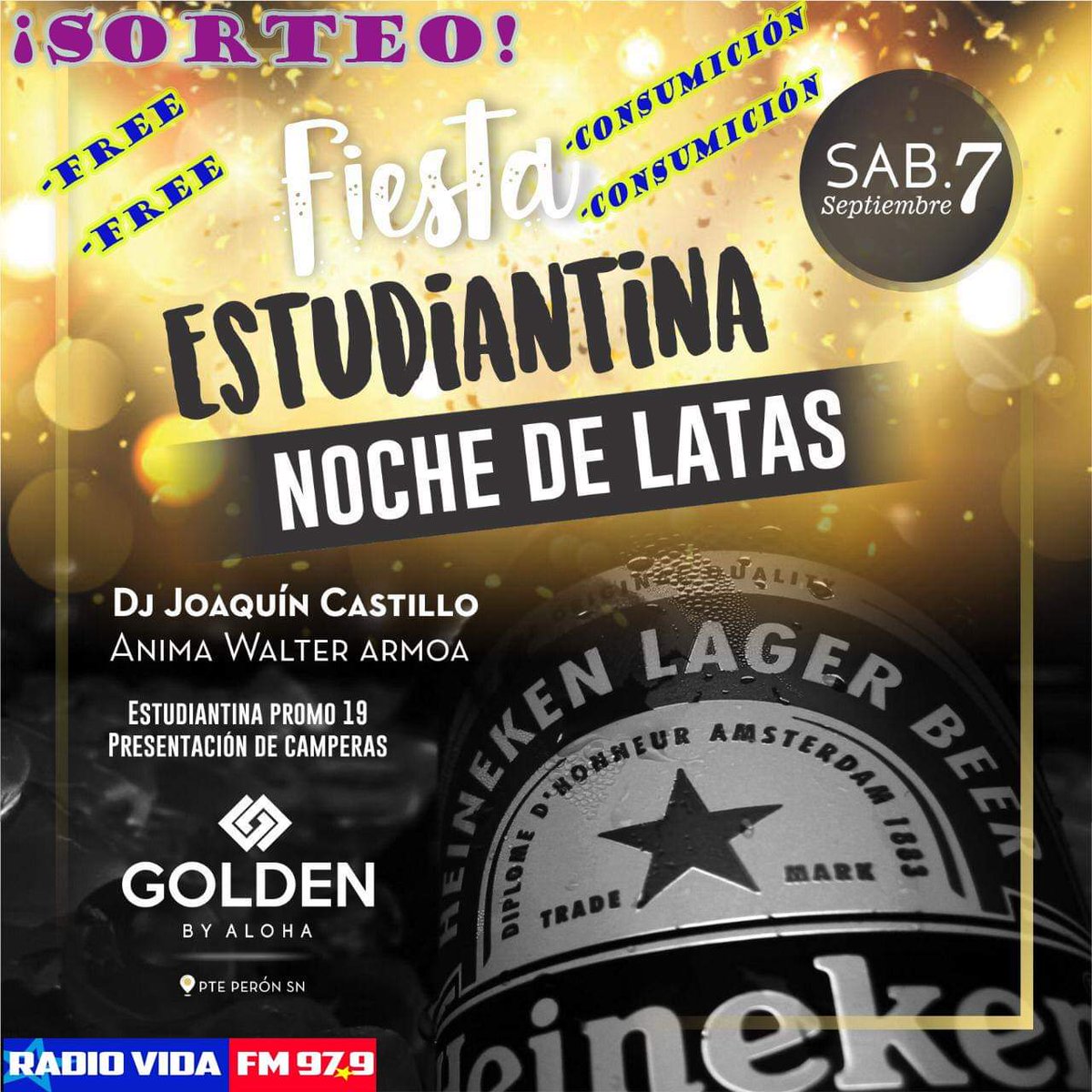 RadioVidaMacia's tweet photo. #Sorteo 🎉🔝
Te regalamos 👉DOS FREE y DOS CONSUMICIONES👈 para #GoldenDisco by #Aloha 🔝💪👏
Para PARTICIPAR solo tenes que:👇
⏩ SEGUIR a @RadioVidaMacia
⏩ Dar RT
¡Y ya estas participando!
◾Para tener DOBLE CHANCE participá también en el Instagram de Radio Vida Maciá◾ https://t.co/4FEumn0f7v