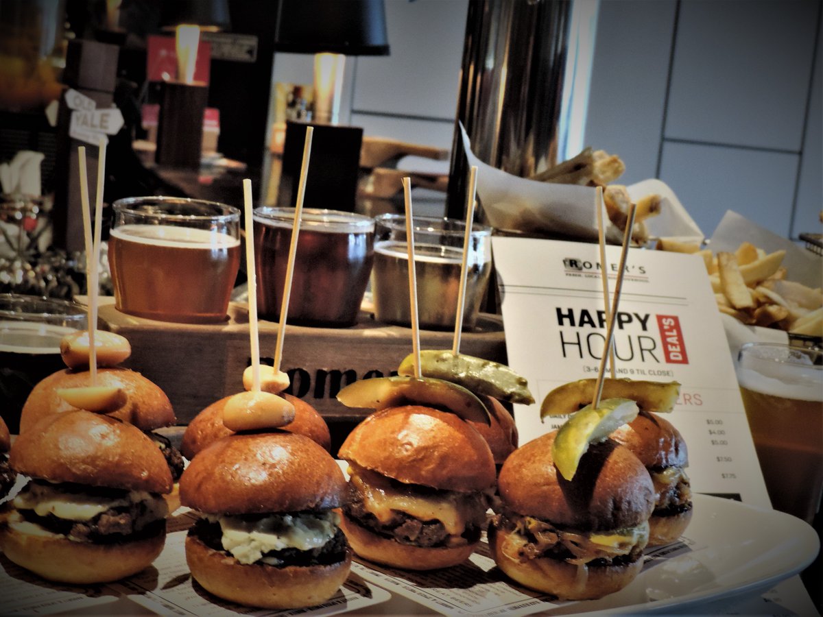 romersburger's tweet photo. Bring the team to Romer's Happy Hour 3 to 6 pm - 9pm to close. Drinks start at $5 and six food items under $10 bucks! Like these delicious sliders! #Kitsiano #Riverdistrict #Portmoody #NFL100 #burgers #craftbeerbc https://t.co/ON5ZDktLVR