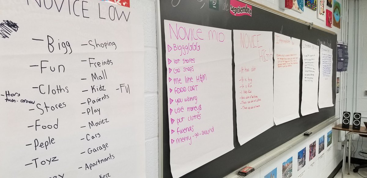 FettermanJM's tweet photo. Learning about the @actfl proficiency levels today by describing the Columbia Mall at each sub level in Ss L1. From words to phrases to discrete and connected sentences to paragraphs and beyond. Putting the focus on communication. #SiSePuede https://t.co/6sYwSBfWSp
