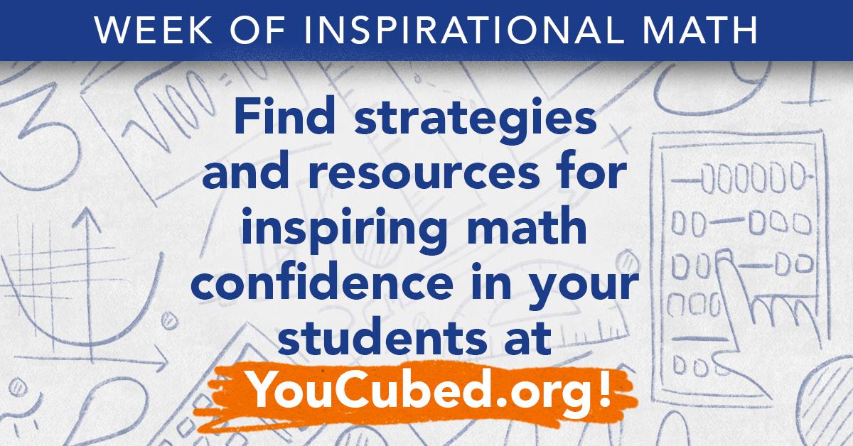 teacher2teacher's tweet photo. 99% inspiration, 1% perspiration: These brand-new #WeekOfInspirationalMath activities are designed to show that all Ss can be their own version of a "math person," no sweat! https://t.co/4rn0QDWHMV #mtbos, via educator @joboaler and @youcubed https://t.co/hB5D4Q2oRP