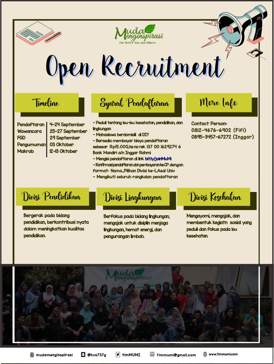 Haloo sobat Jogja, Oprec Mumi sudah dibuka kembali nihh
Yukk daftarkan dirimu dan ajak temen temenmu untuk menginspirasi orang lain😉 
Informasi lebih lanjut boleh hubungi CP atau DM yaa
See u!