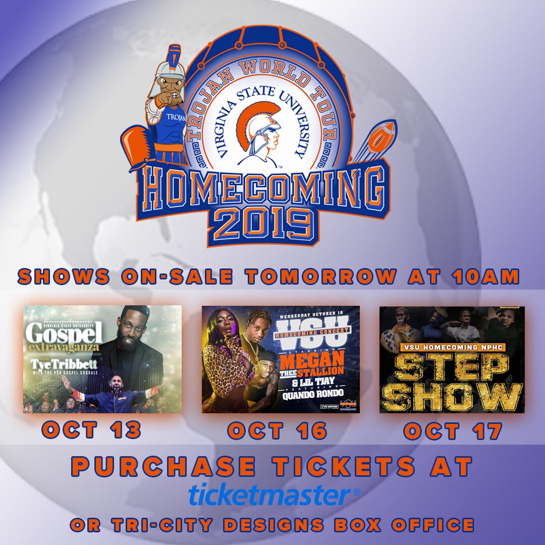 VSUMPC's tweet photo. VSU Homecoming 2019 shows go on sale at 10AM on Friday! Don’t miss an incredible week of events! We have something for everyone! #vsuhc2k19 #vsumpc #vsu #tyetribbett #vsugc #megantheestallion #liltjay #quandorondo #stepshow #divine9 #hbcu #hbcuhomecoming #hbcu #virginiastate https://t.co/MSJ3ZQtPyc