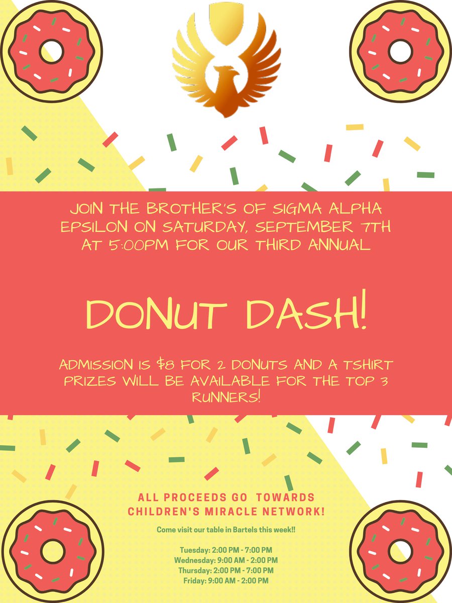 Come down to our 3rd Annual Donut Dash THIS Saturday!! All of the proceeds go to Children’s Miracle Network. It’s $8 for entrance and that gets you a tshirt and two Krispy Kreme donuts!