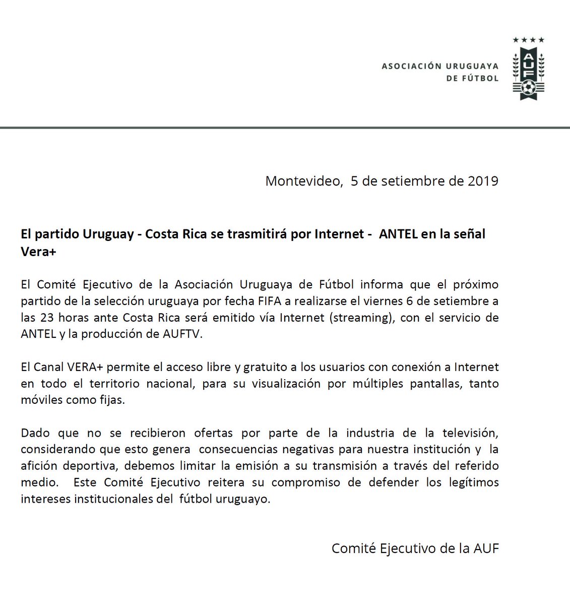 AUFOficial's tweet photo. El Comité Ejecutivo de la AUF informa que el próximo partido de la selección uruguaya por fecha FIFA a realizarse el viernes 6 de setiembre a las 23 horas ante Costa Rica será emitido vía Internet (streaming), con el servicio de ANTEL y la producción de #AUFTV. https://t.co/nUfyrXQvOW