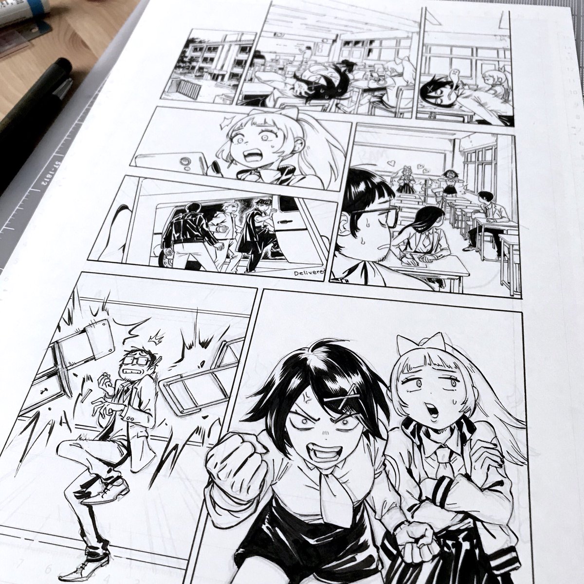 The manga style cinemas in #RiverCityGirls were drawn as actual comic pages with ink on paper... here's a shot of the first cinema page while i was still working on it!✨ 