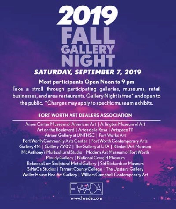 360westmag's tweet photo. This Sat, Sept. 7, is the 2019 Fall #GalleryNight presented by #FWADA
Most participants are open from 12-9pm. Take a stroll through participating galleries, museums, retail businesses, and area restaurants, and enjoy the many artists featured during this community event. https://t.co/DOwcwW5g5D