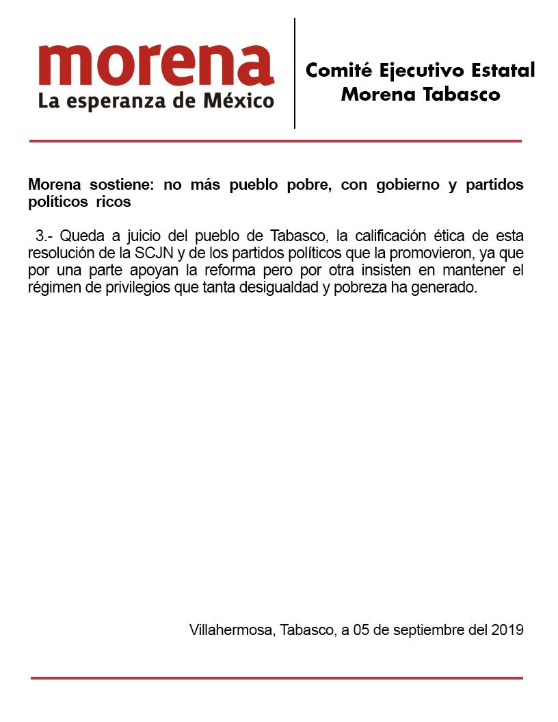 cesarburelob's tweet photo. Posicionamiento de @MorenaTabasco, en torno a la anulación por la @SCJN, del recorte de prerrogativas a los partidos políticos en el estado. https://t.co/vpDsbFROlb