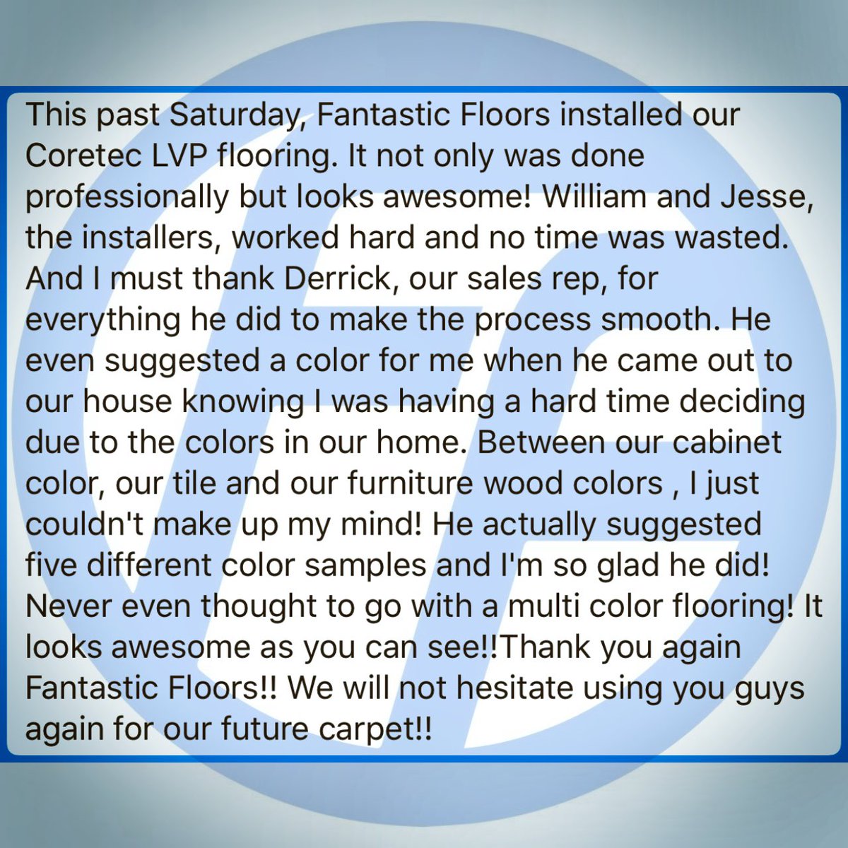 FanFloors's tweet photo. Several things make our business the success it is: 

Two of those things are the incredible installation teams, like William Carter and his crew, along with amazing customers like Terry. 

We thank you and always want those most important to us to know our appreciation. https://t.co/98yE2fgO0l
