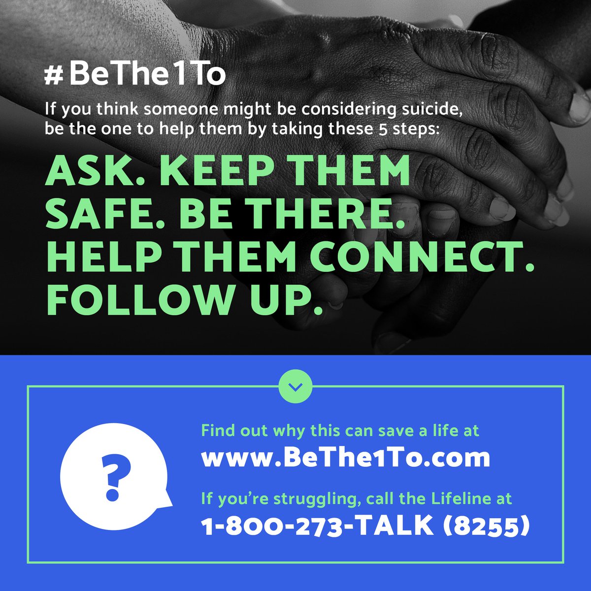 September is Suicide Prevention Awareness Month. If you or someone you know is in an emergency, call The National Suicide Prevention Lifeline at 800-273-TALK (8255) or call 911 immediately.
#BeThe1To #SuicidePrevention #StigmaFree