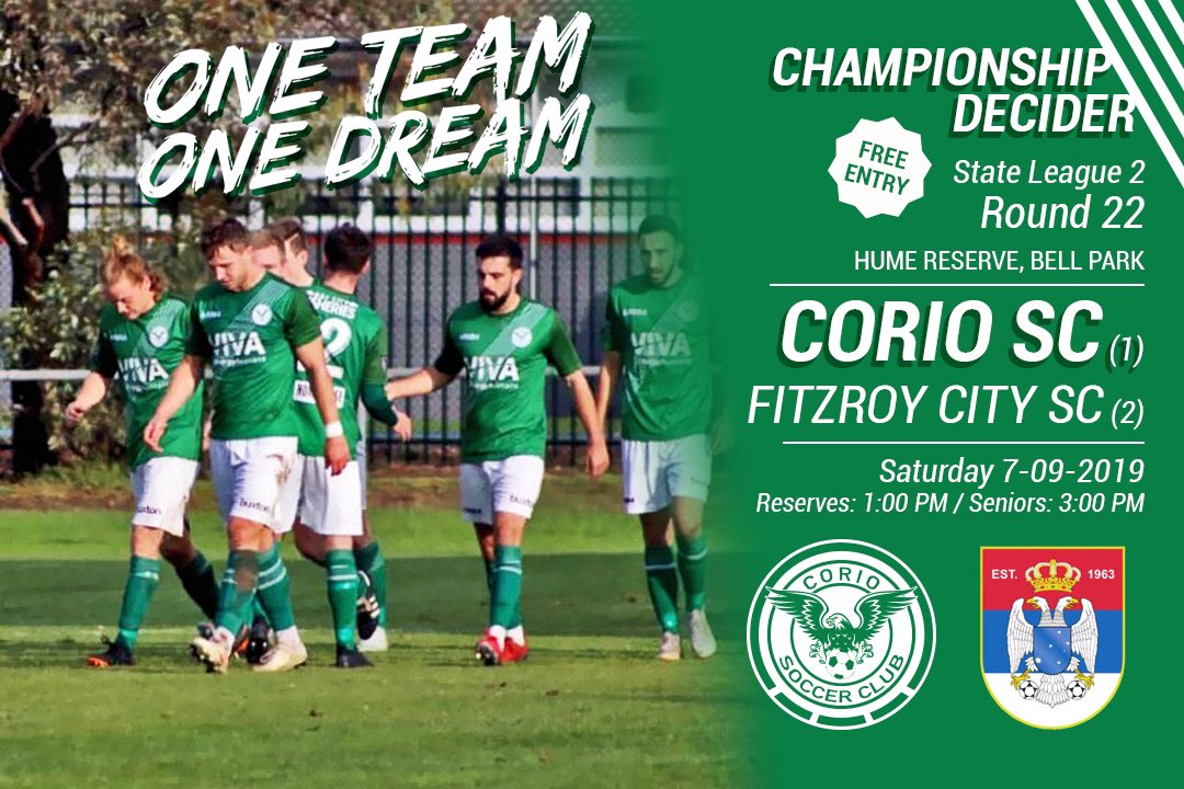 CorioSoccer's tweet photo. Championship Decider this Sat Sept 7th. #coriosc vs #fitzroycitysc #coriovfitzroy @curtisbateson @MJMonaghan14 @TyrinHutchings https://t.co/usvjlVQID1