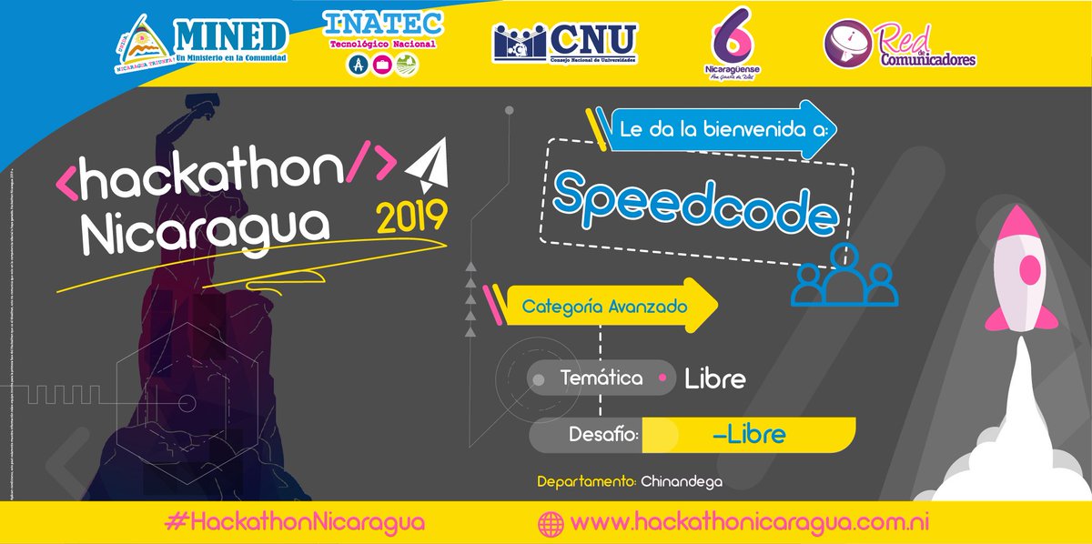 Hackathonica's tweet image. Le damos la bienvenida al equipo #Speedcode de Chinandega 😎 donde conoceremos su idea en el #Ideathon de #HackathonNicaragua 2019 🚀👏😎
Link de inscripción 👇
hackathonicaragua.com.ni/inscripcion/