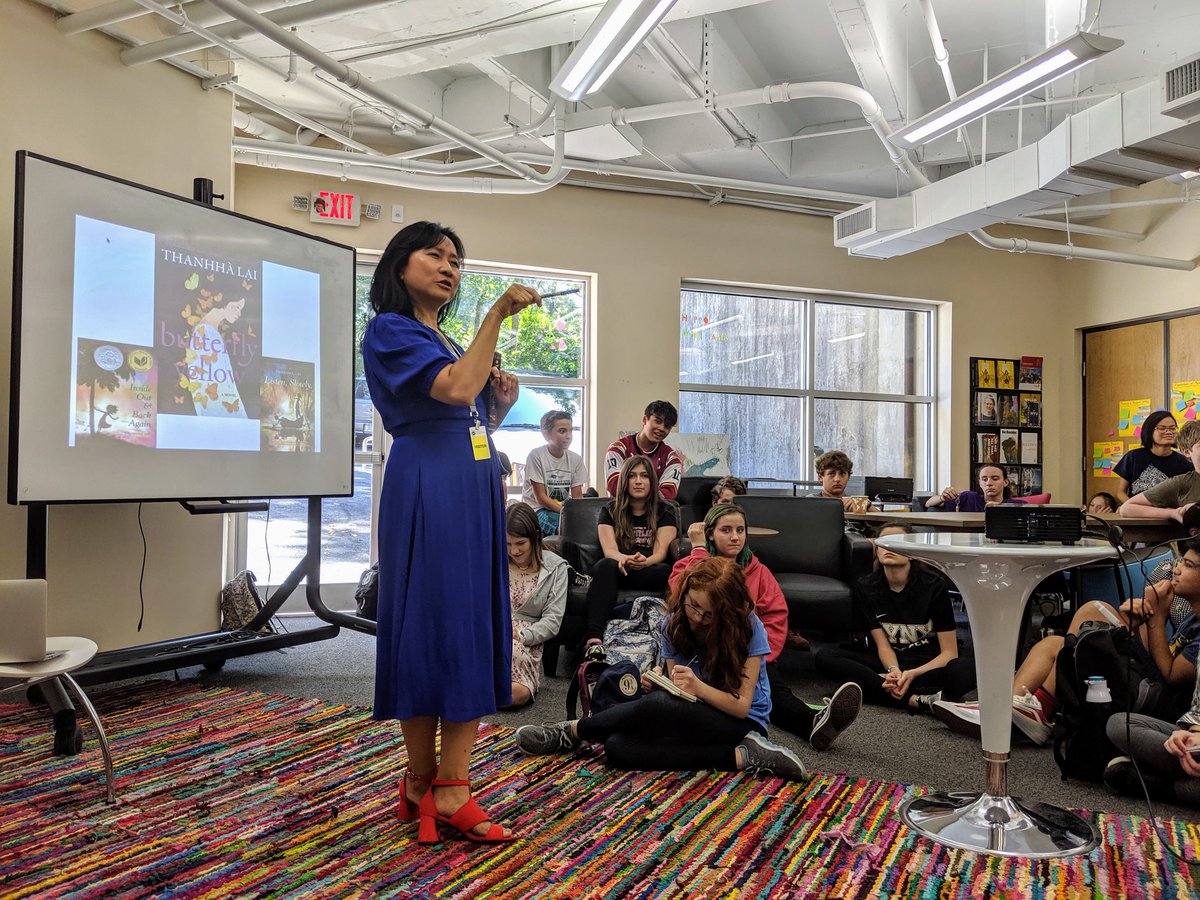 mr_alex87's tweet photo. We had a very special guest today at @AtlantaMIS today! Ms. Thanhha Lai, award winning author of such titles as "Inside Out and Back Again" and the recent release of "Butterfly Yellow" stopped by to share her thoughts and talk about her new novel! #standupMIS #goLynx https://t.co/f7mU7VlamZ