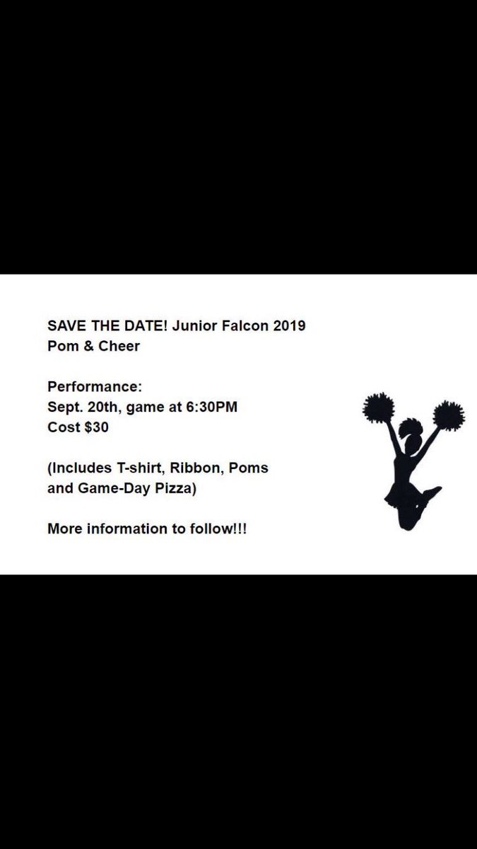 Save the date!!  It's that time of year again!! Junior Falcon 2019 Pom &amp; Cheer is here!

Please fill out the google form if interested in signing up! More details to follow. 
docs.google.com/forms/d/e/1FAI…
To make payment: osp.osmsinc.com/MontgomeryMD/B…