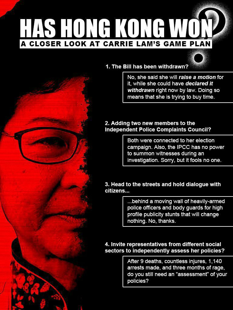 cherry_nip's tweet photo. This is only a fake show performed by Carrie Lam and her IPCC’s new members. No bill has been withdrawn yet! Most importantly, the two new members of IPCC were connected to Carrie Lam’s election campaign, so, it will never be a fair supervision.
#CarrieLamIsALiar #WithdrawIsFake https://t.co/EJNW6wgmNj