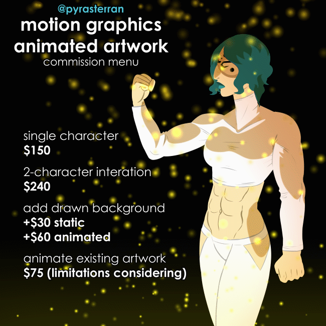 PyrasTerran's tweet photo. WEEKEND SALE - been hustling IRL &amp; online, medical/student loan surprises and looming bills have left me in a situation where I need lots of fast cash. This weekend I am offering 25% off commission purchases off all menus, including the new animated options https://t.co/Da8qzmt7zg