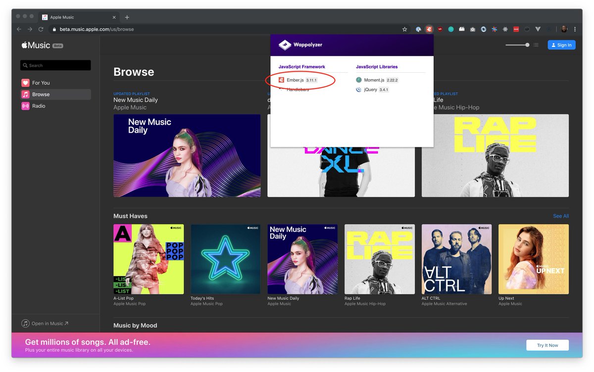 Them: "Nobody uses Ember anymore."

"Ember.js is dead."

Me: *goes to Apple Music's web player*