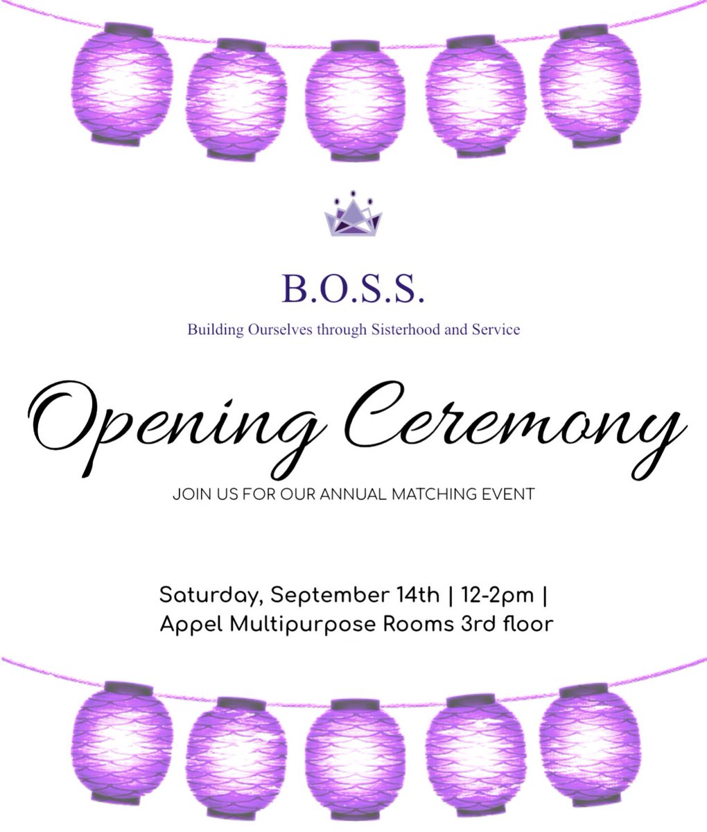 beBOSSy23's tweet photo. We’re back like we never left! Make sure to come to our annual Opening Ceremony on September 14th @ 12-2pm and meet your new potential mentor/mentee!
Also be sure to fill out the 2019-2020 BOSS signup sheet. Link in bio
Have a #BOSSyThursday 💜 https://t.co/63Gq6euJEx