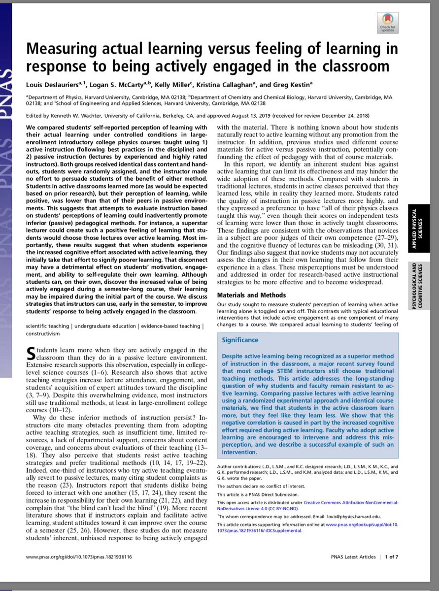 Hey! It’s a really interesting &amp; depressing new paper on university teaching, what students learn &amp; what they THINK they learn. First good news: active learning (by inexperienced profs) leads to 33% higher test scores over lectures (by veteran profs)! 1/3 pnas.org/content/pnas/e…