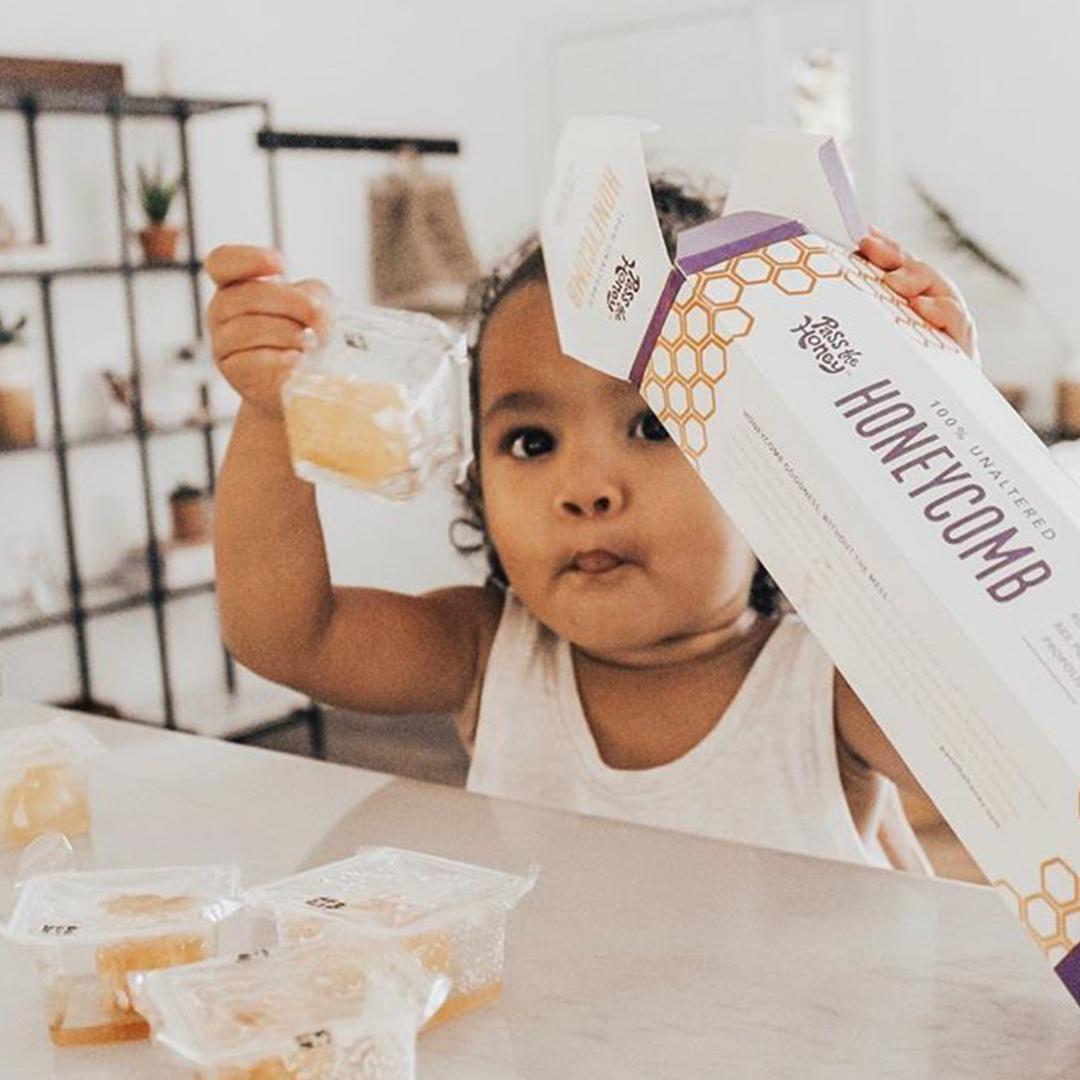 'Her fav breakfast! She eats all the crumbled honeycomb first. I never had a real whole honeycomb before... have you? I like it on my toast and it’s pretty good in my coffee too!' @homeoftheharveys