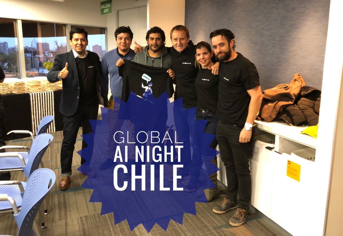 pcofre's tweet photo. Kicking off the #GlobalAiNight Chile 2019 with the best team!! Thanks to our 4 speakers for sharing your knowledge in #ArtificialIntelligence, to our 4 organizers for setting this event up, all 100+ attendees, and also to our sponsors @MetricArts, @MSFTChile, @EYChile, @thecityai https://t.co/lY5RXzQxHo