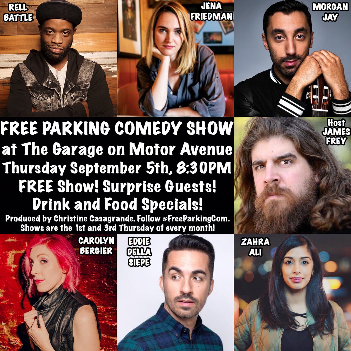 Get to the <a href="/GarageMotorAve/">The Garage</a> TONIGHT for #freeparkingcomedy with <a href="/RellBattle/">Rell Battle</a> <a href="/JenaFriedman/">Jena Friedman</a> <a href="/themorganjay/">Morgan Jay</a> <a href="/TGICarolyn/">Carolyn Bergier</a> <a href="/EddieDellaSiepe/">Eddie Della Siepe</a> <a href="/ReallyZahra/">Zahra Ali</a> and surprise guests, hosted by @JamesFreyComedy and produced by <a href="/XtineBigHouse/">Christine Casagrande</a>!! Show starts right after the #packers #Bears #nfl game!