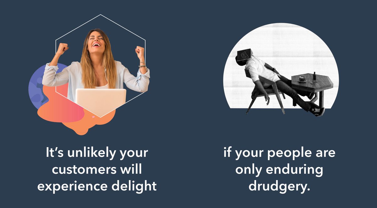 dharmesh's tweet photo. It's unlikely your customers will experience delight, if your people are only enduring drudgery.

One of the unused slides from my #INBOUND19 keynote. https://t.co/x7pZJp8ccf